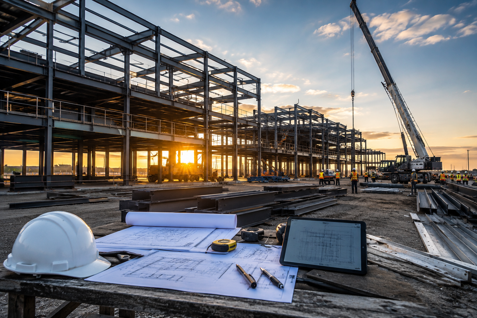Precision structural steel detailing work in progress at a construction site during sunset
